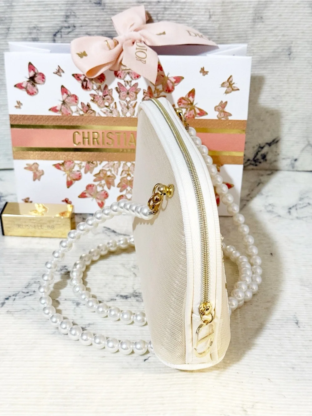 Dior Beauty Butterfly Floral Embroidered Mesh Pouch with Pearl Strap & Gift Bag